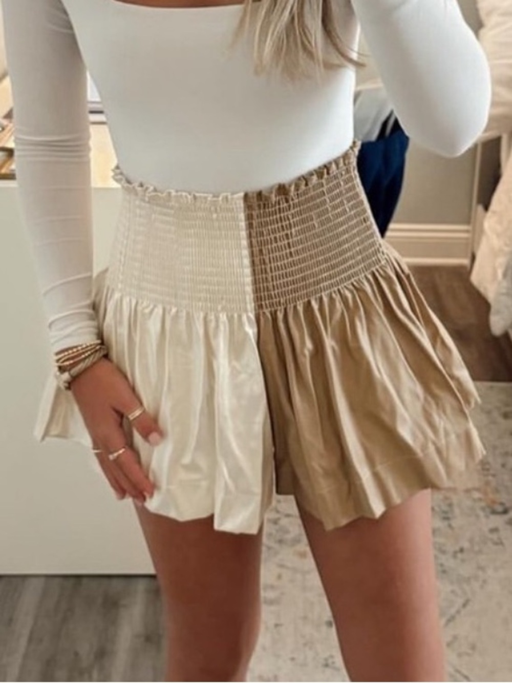 Queen of Sparkles Swing Shorts Tan White Faux Leather XS Smocked